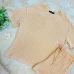 Women’s Evermmee Beige and White Stripe Ribbed Short Set