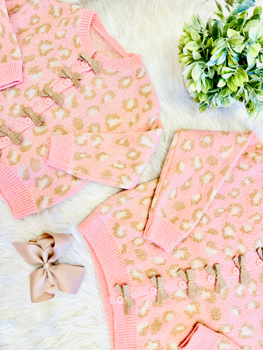 Girls Pink Cheetah & Tan Bow Cardigan