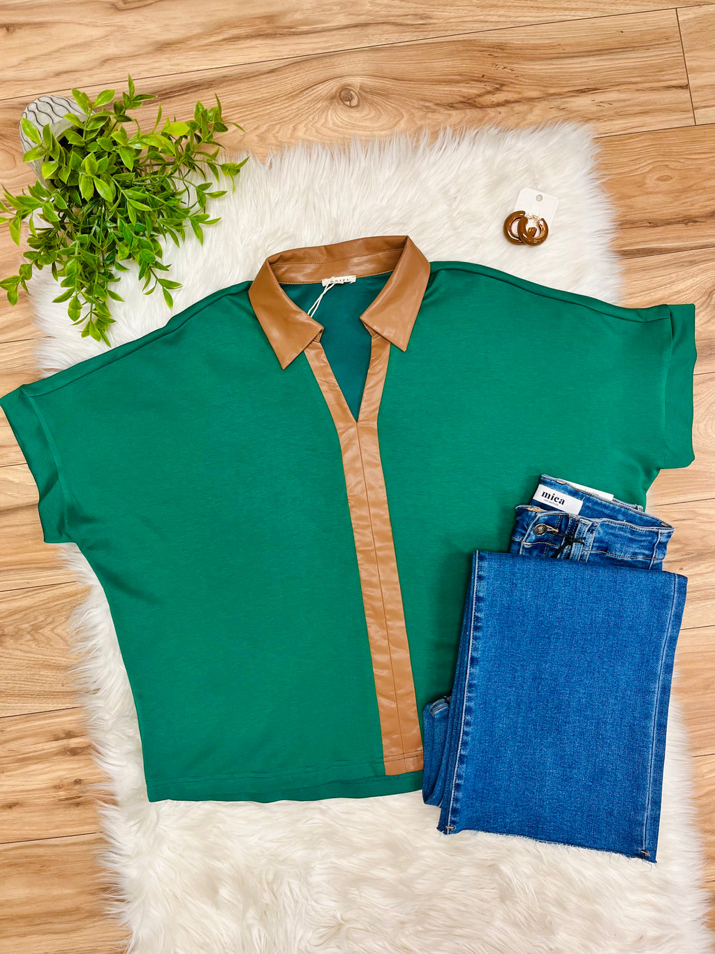Women’s Jodifl Kelly Green V Neck Top with Leather Collar and Trim- Loose Fit