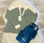 Women’s Olive & Grey Striped Henley Long Sleeve - True To Size