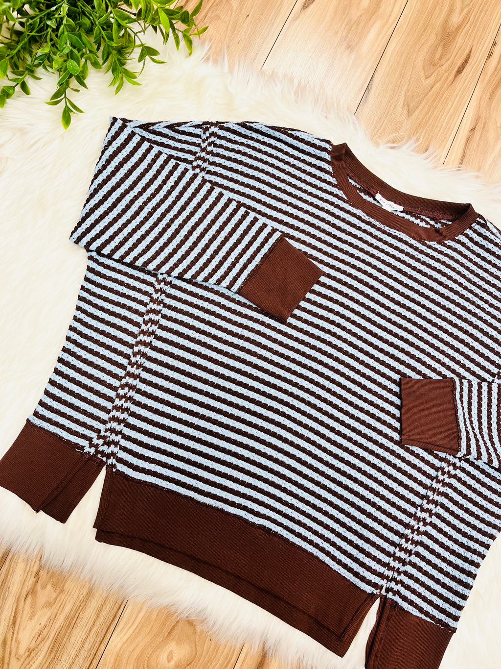 Women’s Dark Brown & Blue Stripe Exposed Seam Split Hem Top by Blu Pepper- Loose Fit