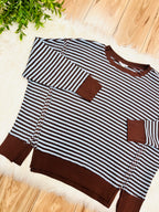 Women’s Dark Brown & Blue Stripe Exposed Seam Split Hem Top by Blu Pepper- Loose Fit