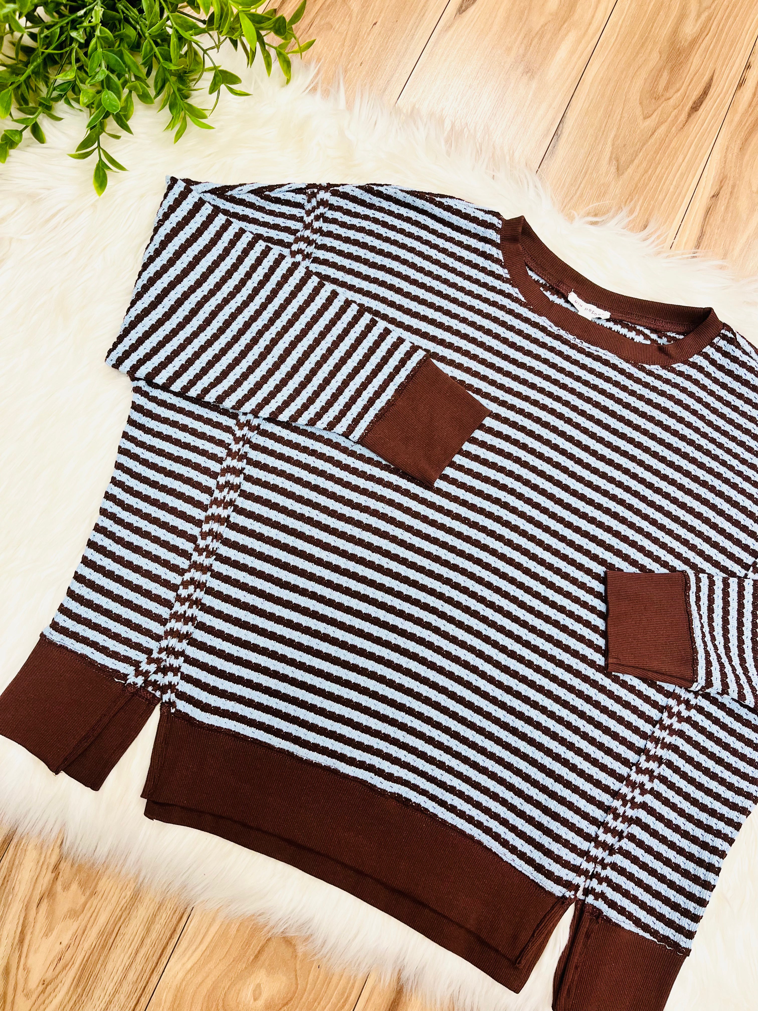 Women’s Dark Brown & Blue Stripe Exposed Seam Split Hem Top by Blu Pepper- Loose Fit