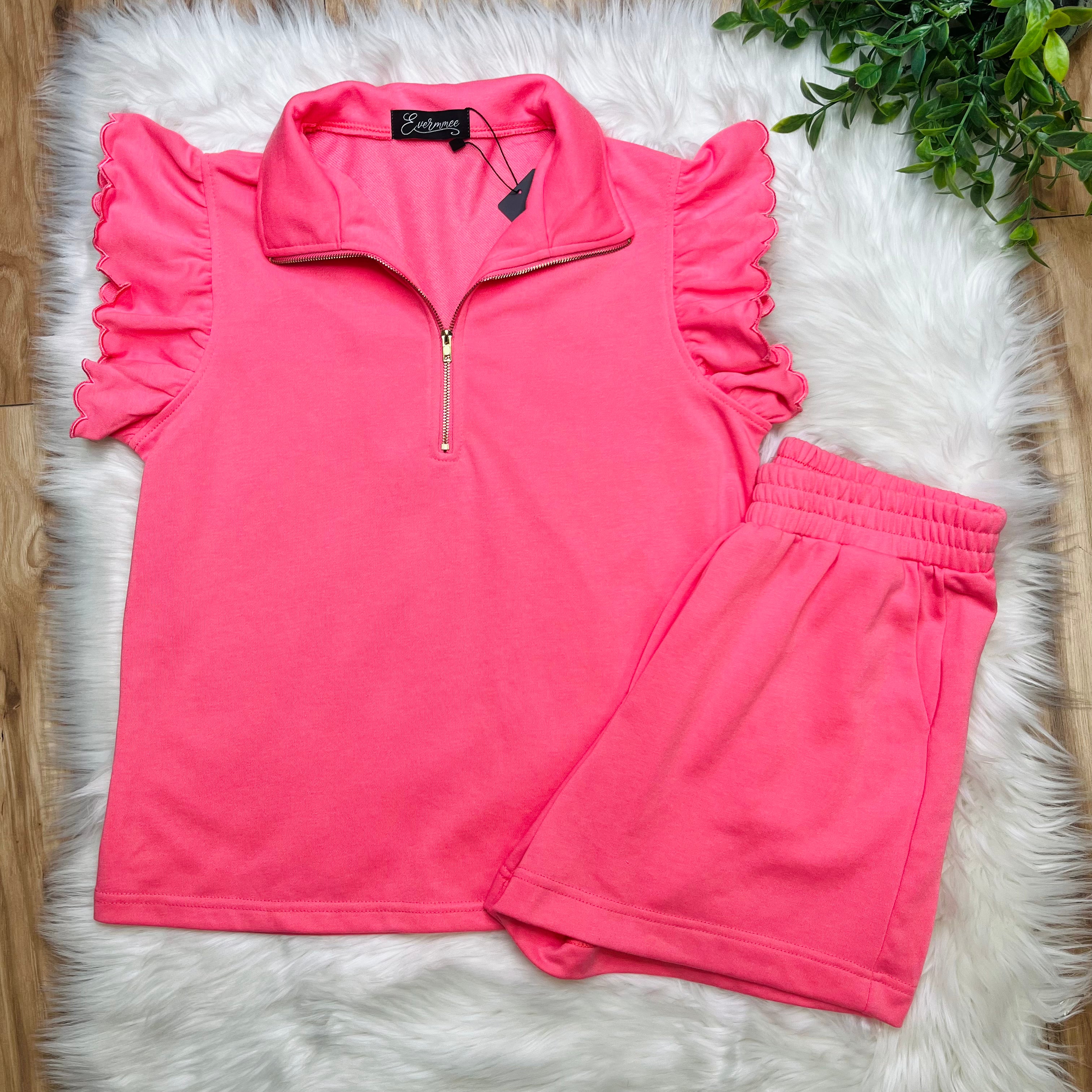 Women’s Pink Half Zip Flutter Sleeve Short Set