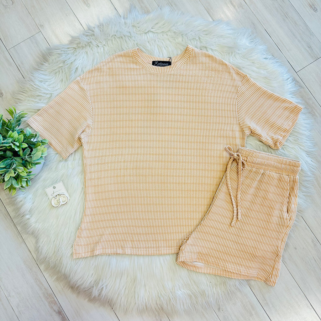Women’s Evermmee Beige and White Stripe Ribbed Short Set