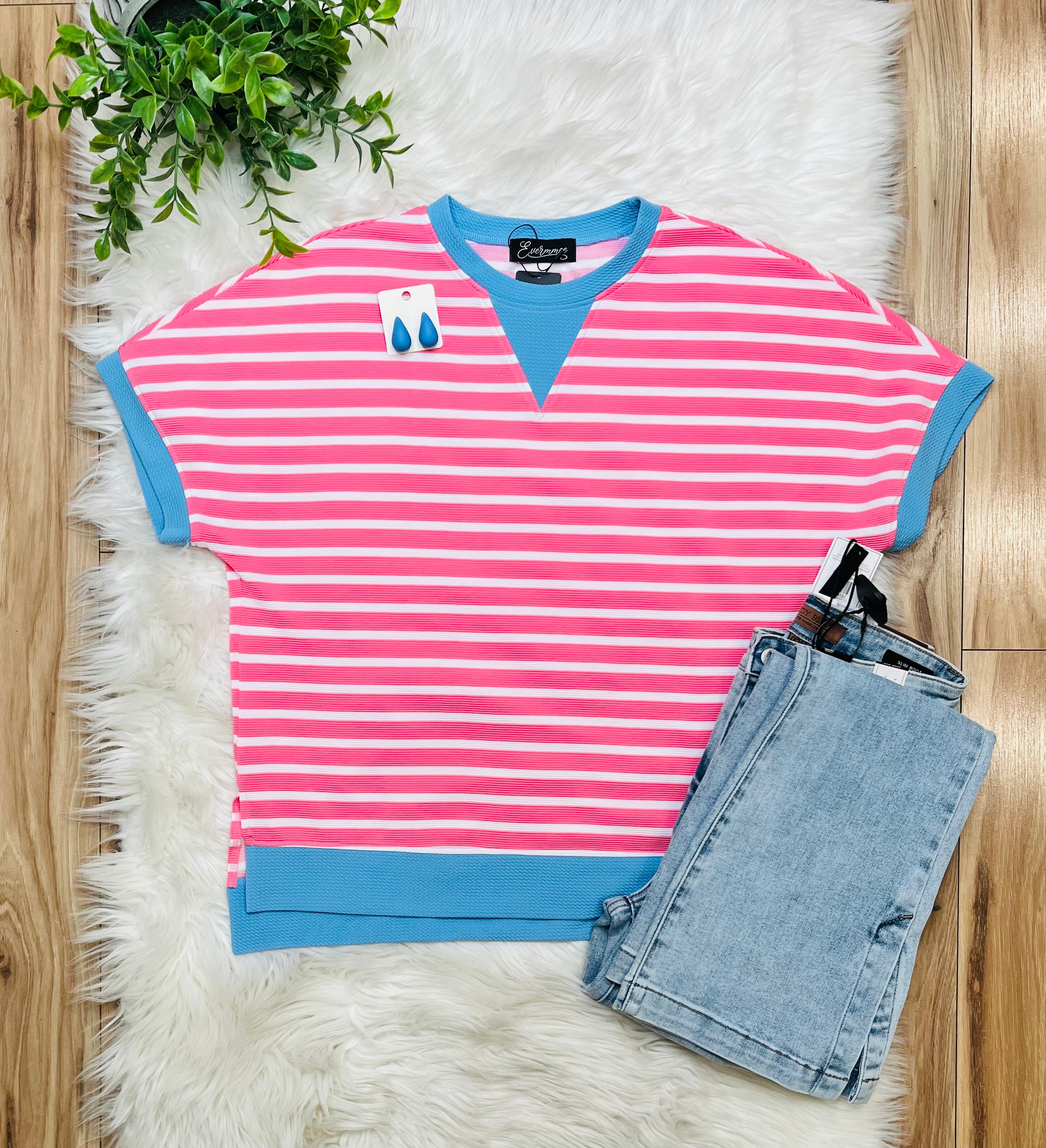 Women’s Evermmee Pink Stripe With Sky Blue Trim Top
