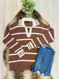 Women’s Evermmee Brown Collared Sweater Top with White Stripes- Loose Fit
