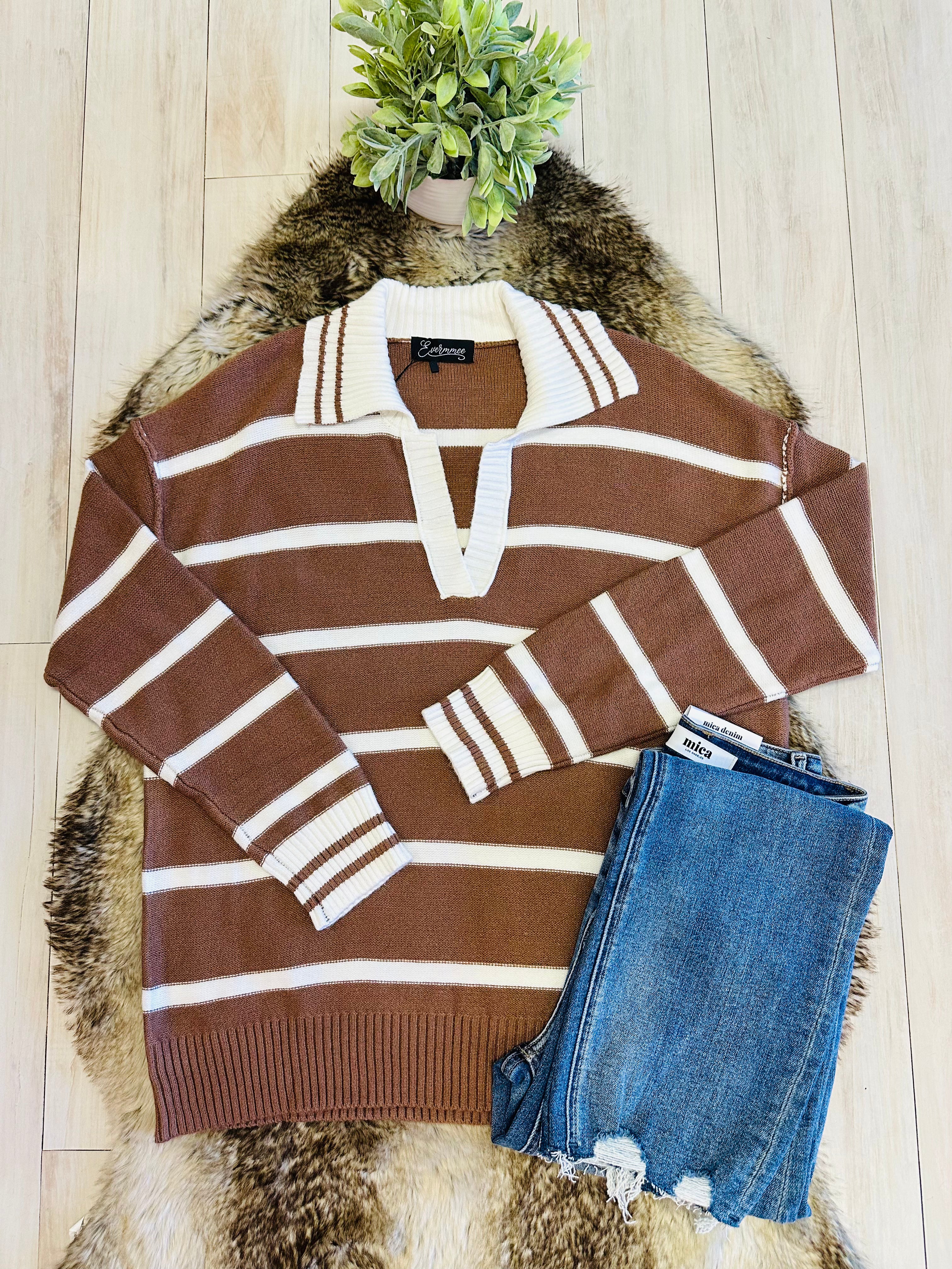 Women’s Evermmee Brown Collared Sweater Top with White Stripes- Loose Fit