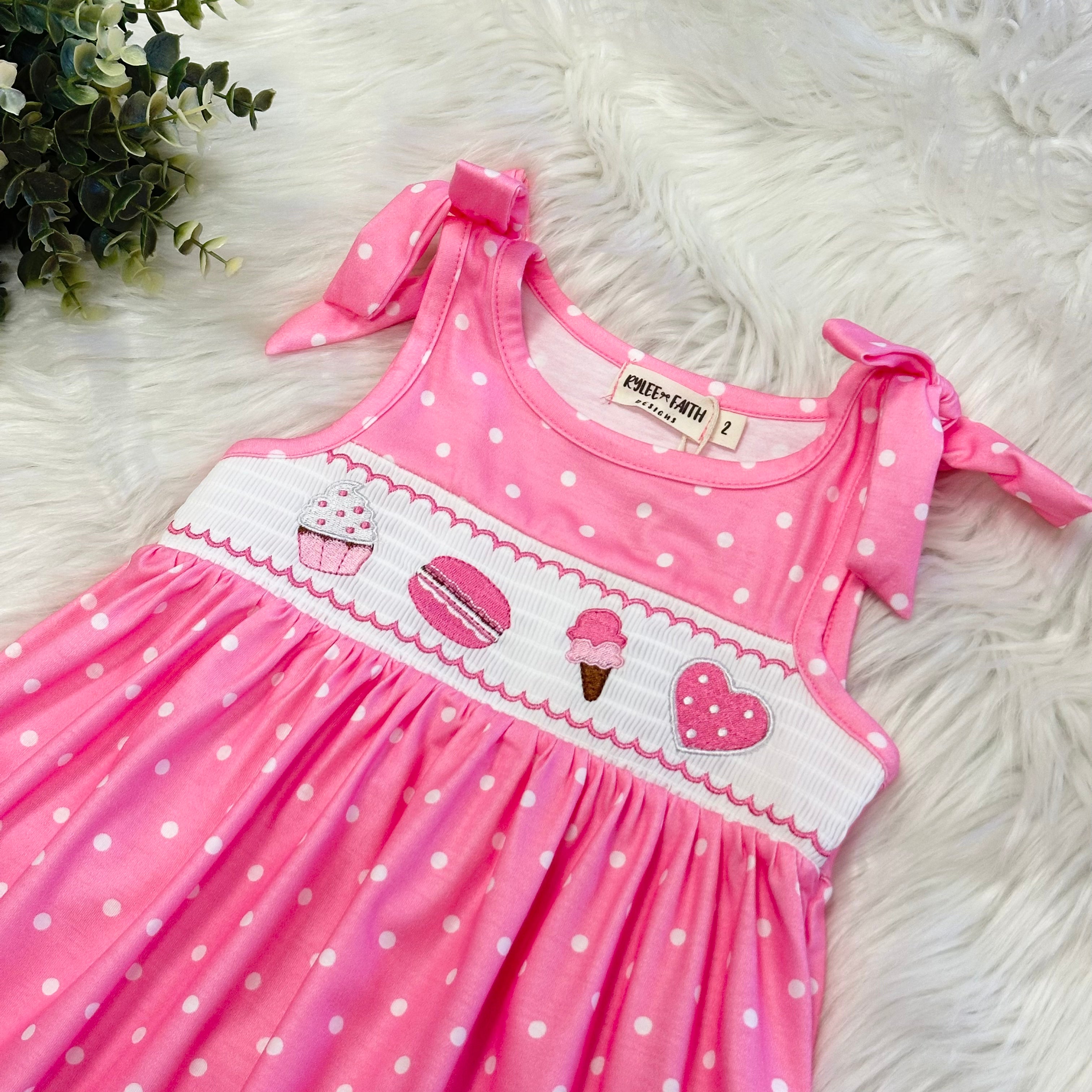 Girls Pink Polka Dot Smocked Summer Dessert Dress
