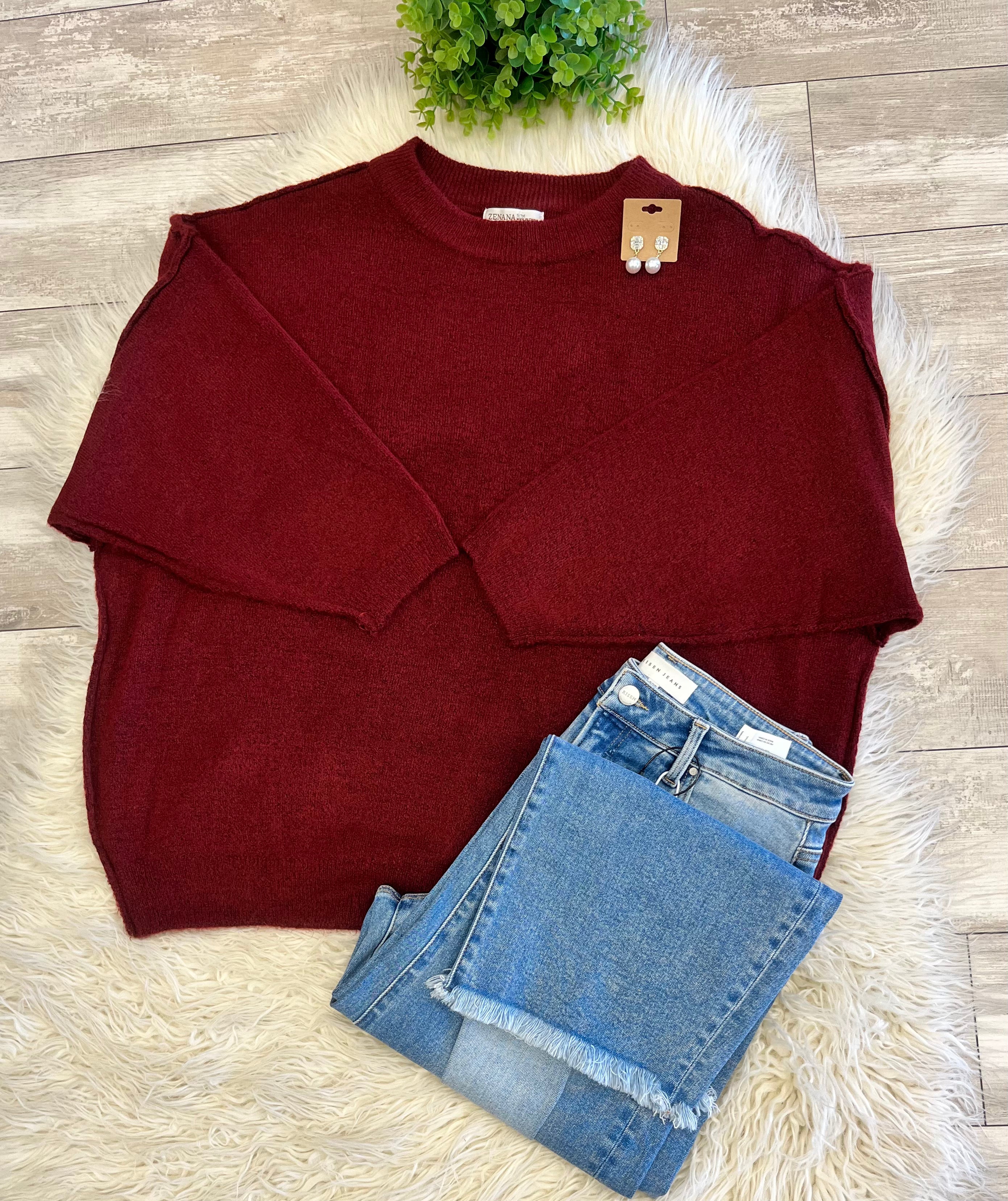 Women’s Zenana Shoulder - Drop Sweater Top in burgundy