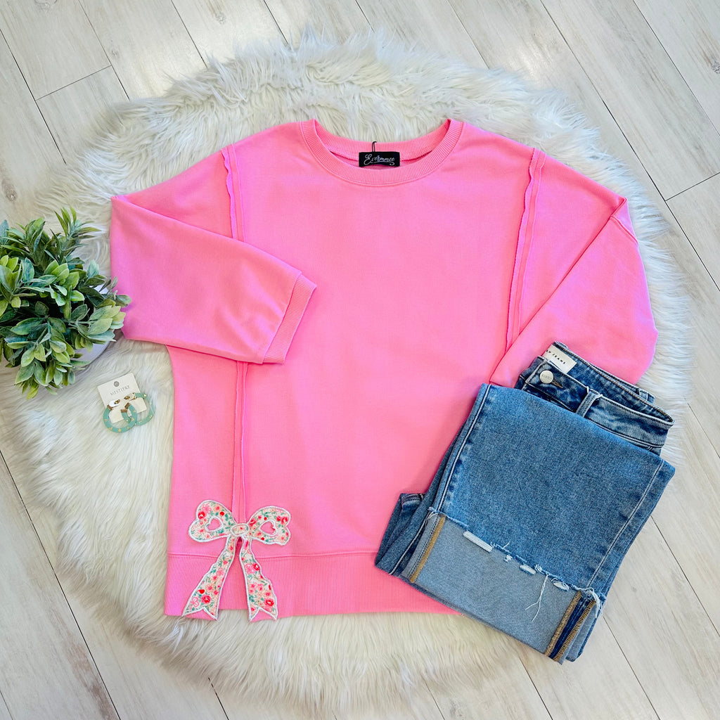 Women’s Evermmee Pink Oversized Top with Floral Bow Patches