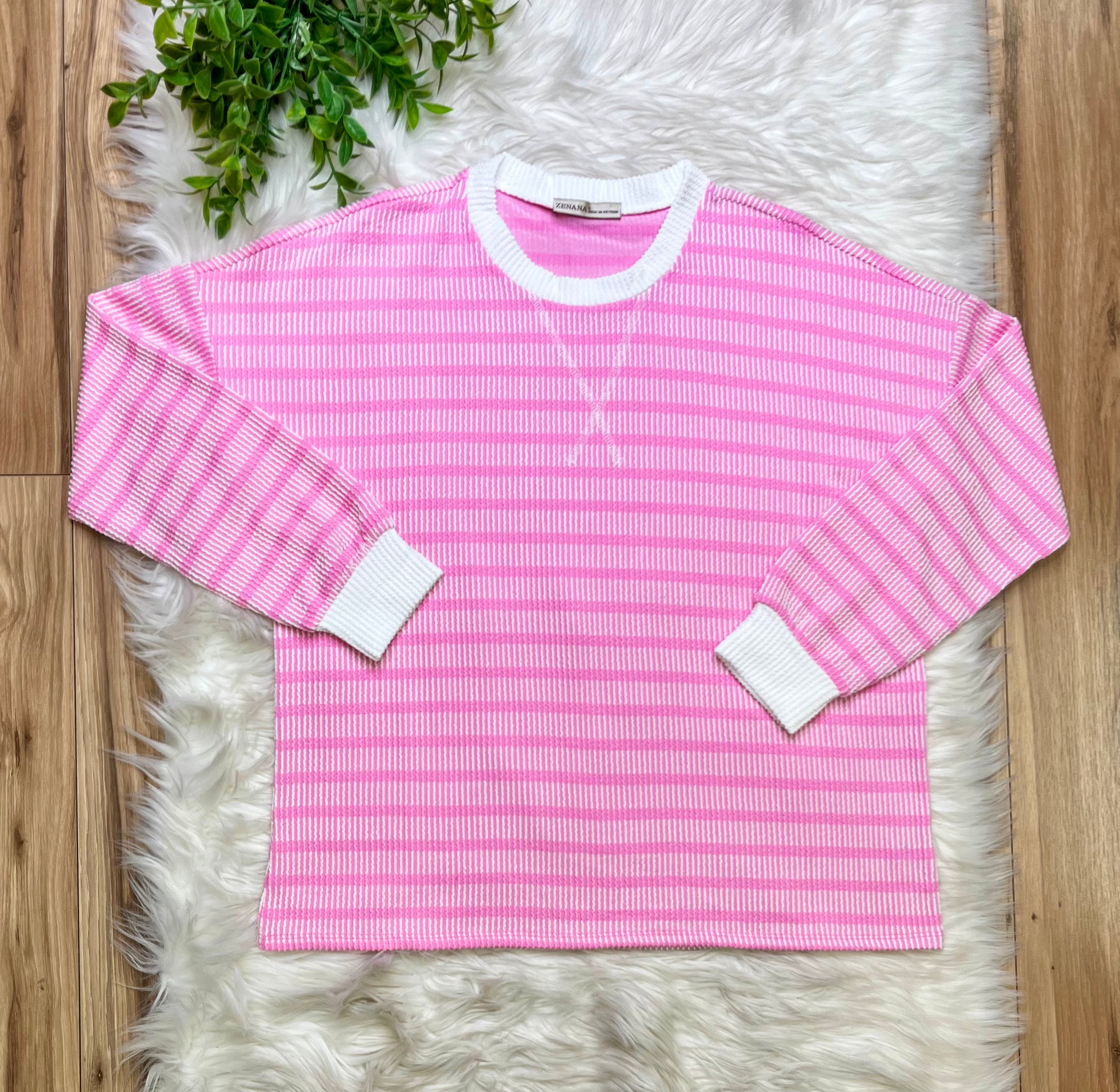 Women’s Zenana Candy Pink Striped Ribbed Pant Set