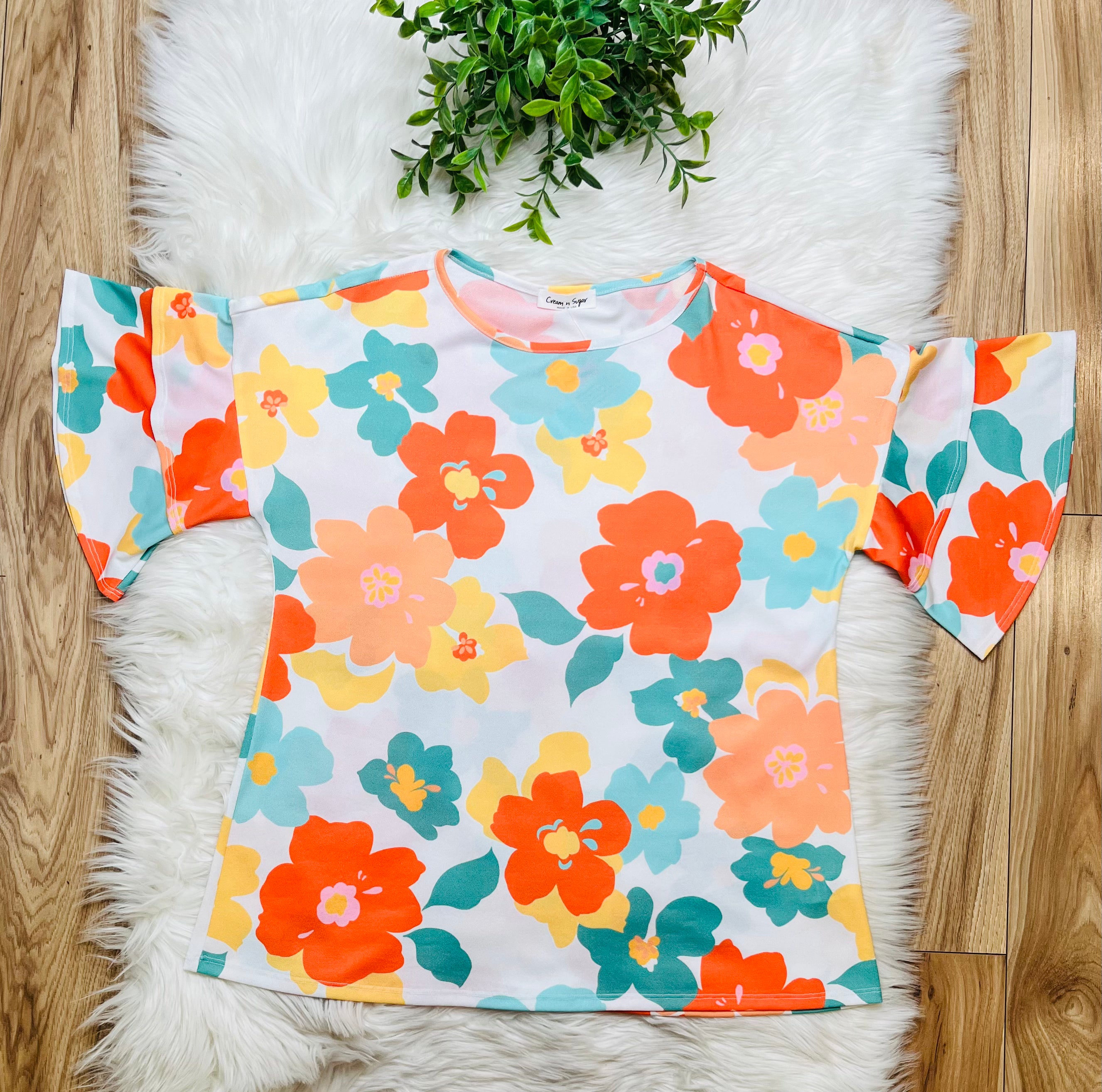 Women’s Orange and Teal Floral Top
