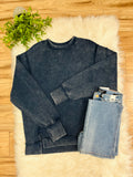 Women’s Zenana Navy Blue Ribbed Acid Wash Crewneck Top- Loose Fit