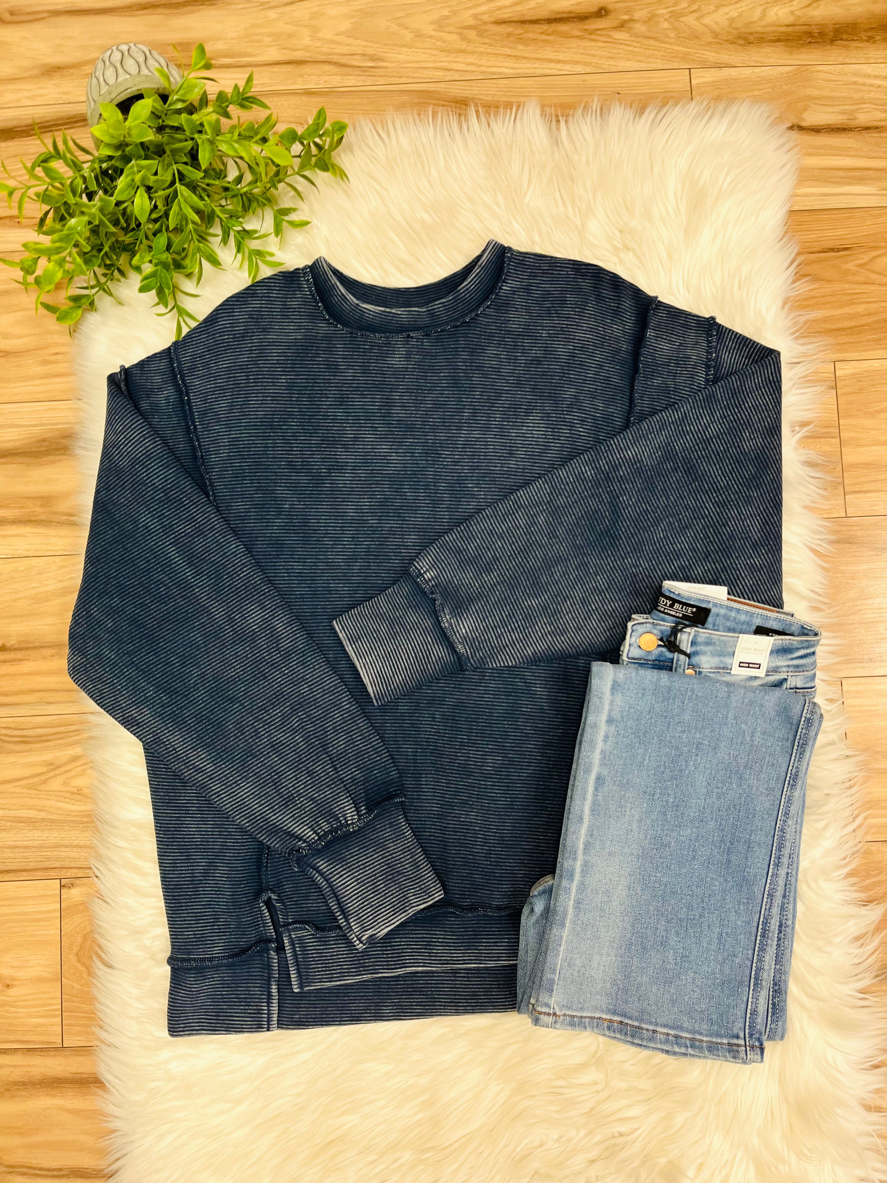 Women’s Zenana Navy Blue Ribbed Acid Wash Crewneck Top- Loose Fit