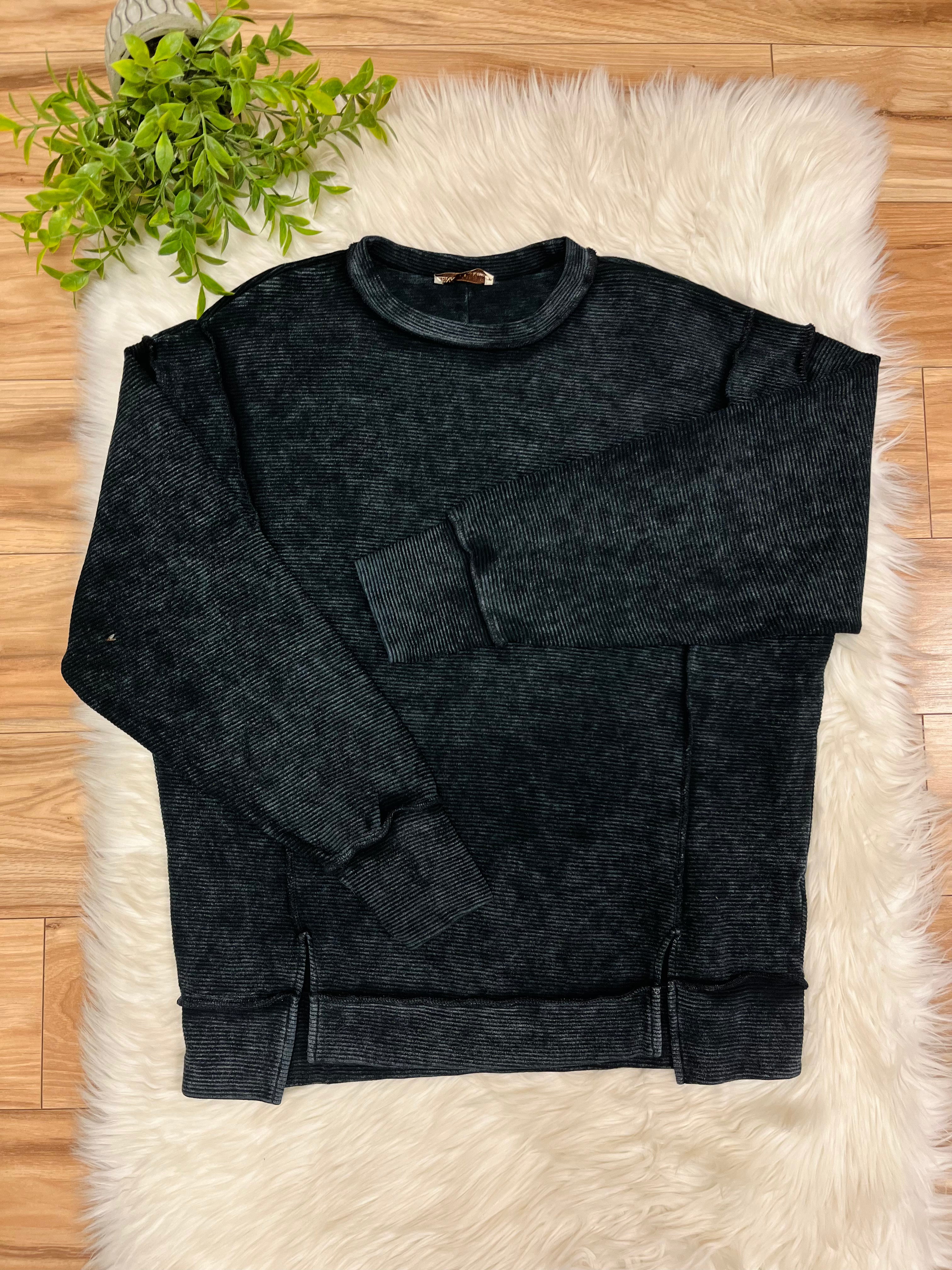 Women’s Zenana Black Acid Wash Ribbed Crewneck Top- Loose Fit