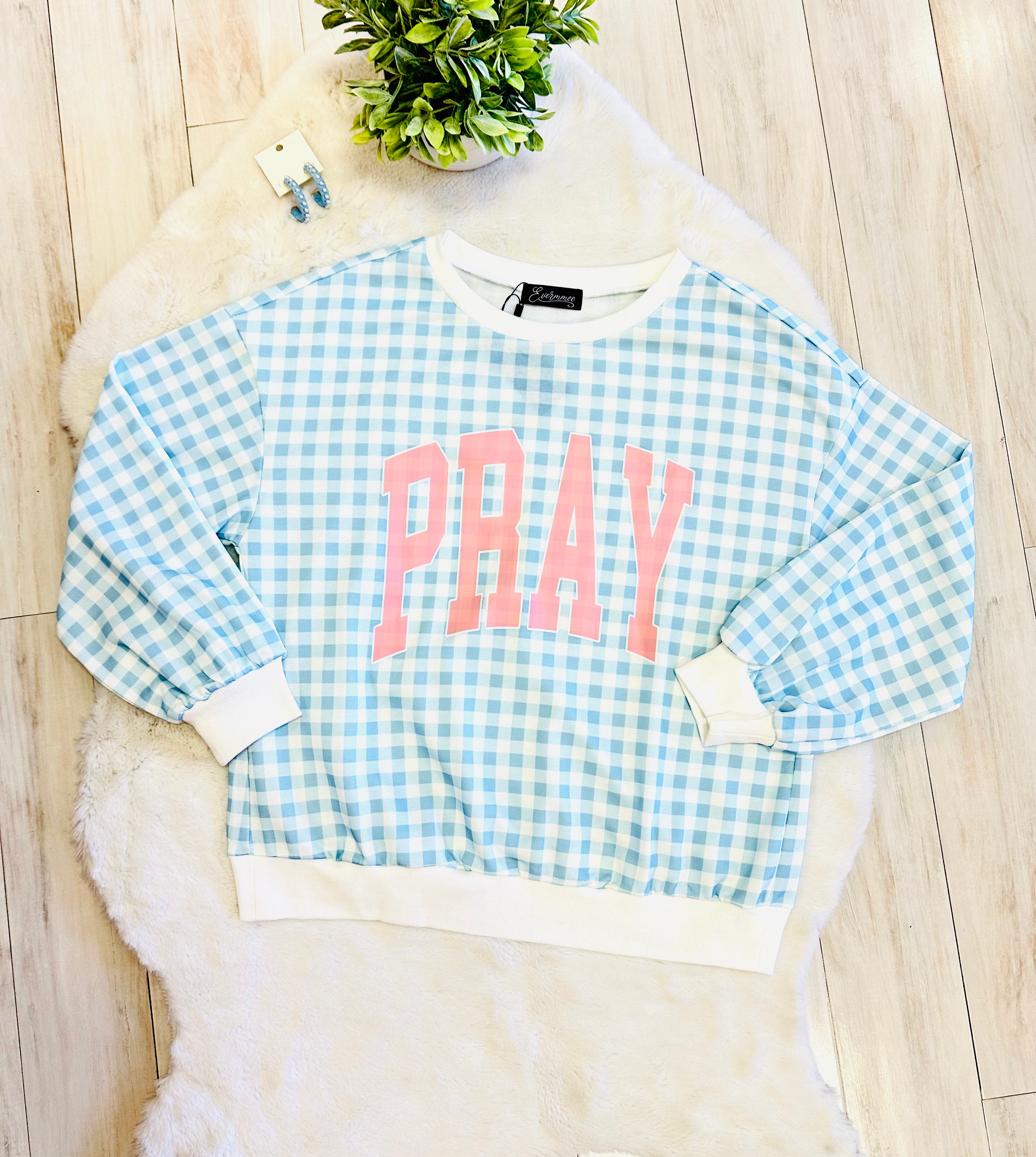 Women’s Blue Gingham Pray Crewneck