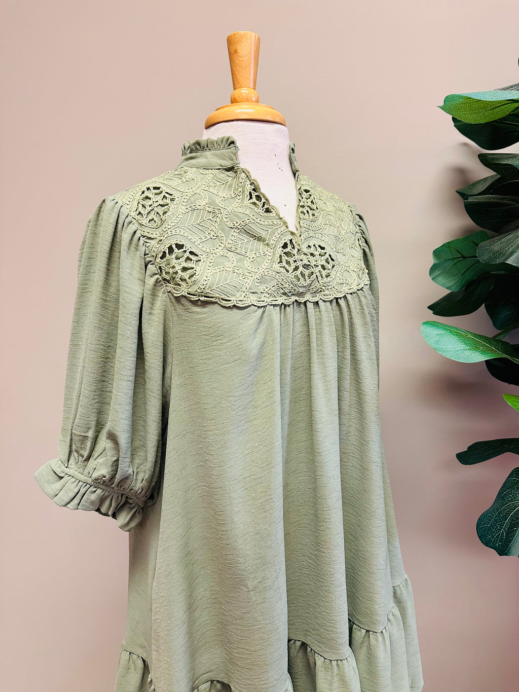 Women’s Umgee Sage Mini V Neck Dress with Lace Crochet Detail- Loose Fit