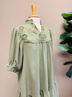 Women’s Umgee Sage Mini V Neck Dress with Lace Crochet Detail- Loose Fit