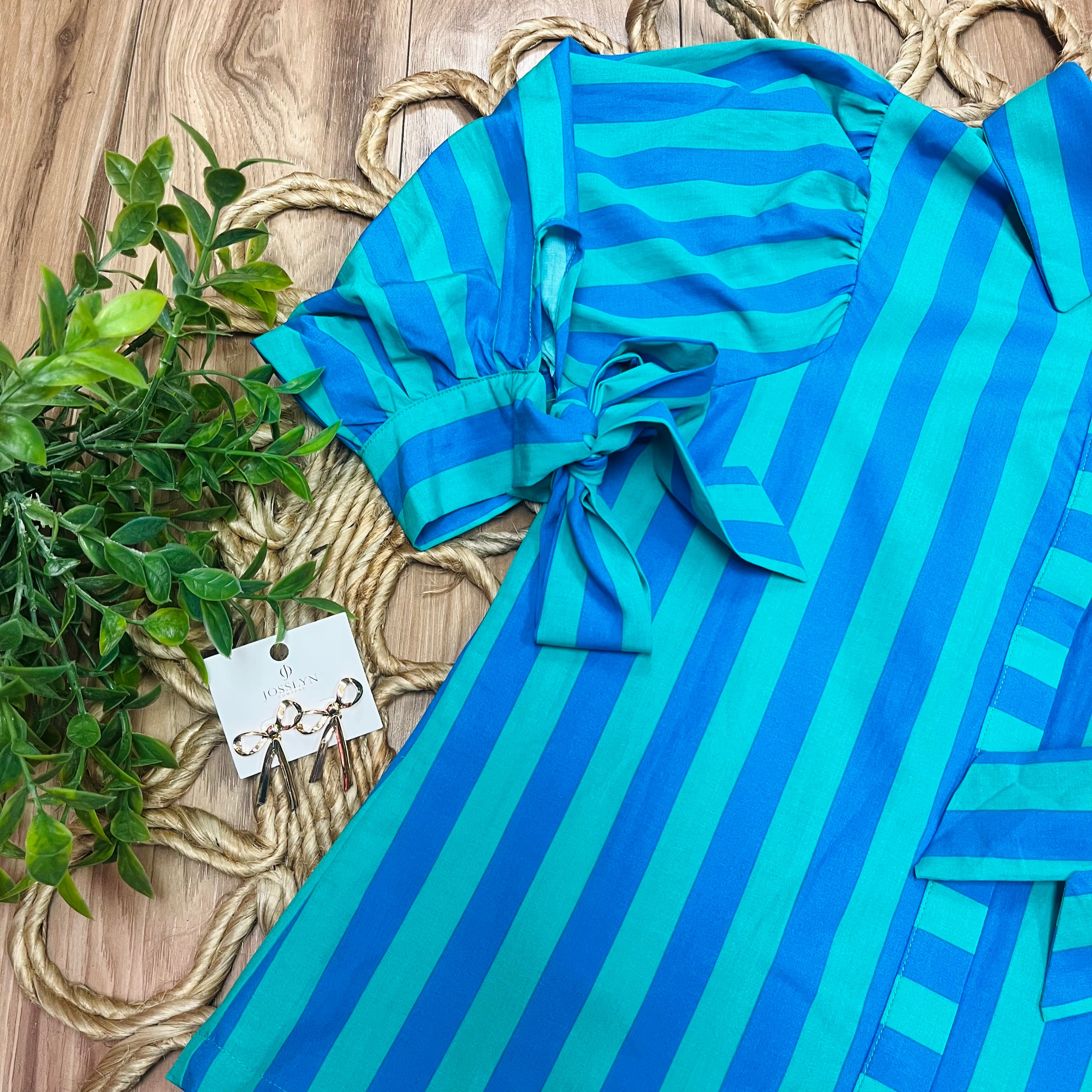 Women’s Evermmee Blue and Green Stripe Button Down Top with Bow Tie Sleeves