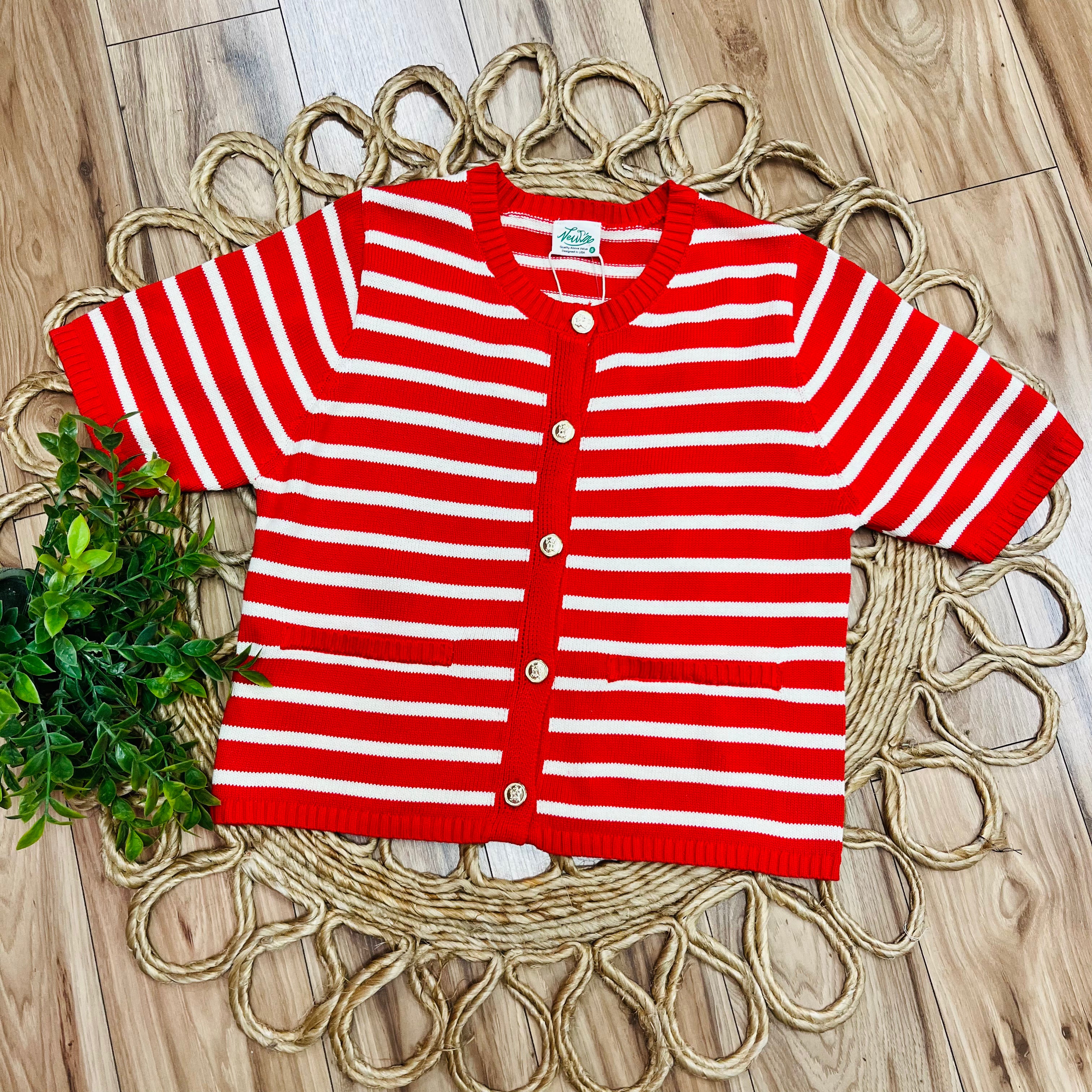 Women’s Very J Red Stripe Button Down Sweater Top