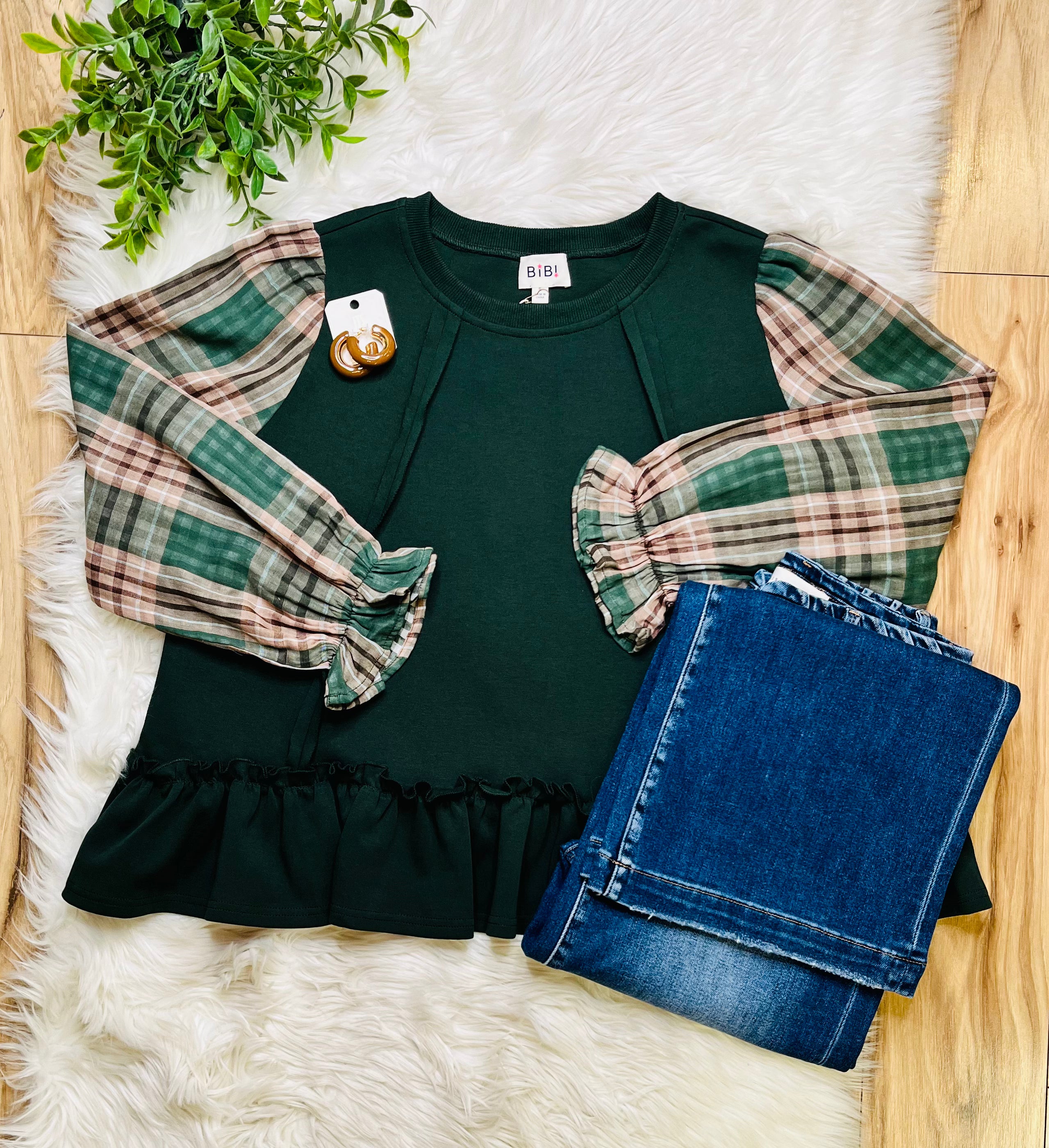 Women’s Bibi Olive Plaid Ruffle Top- Oversized