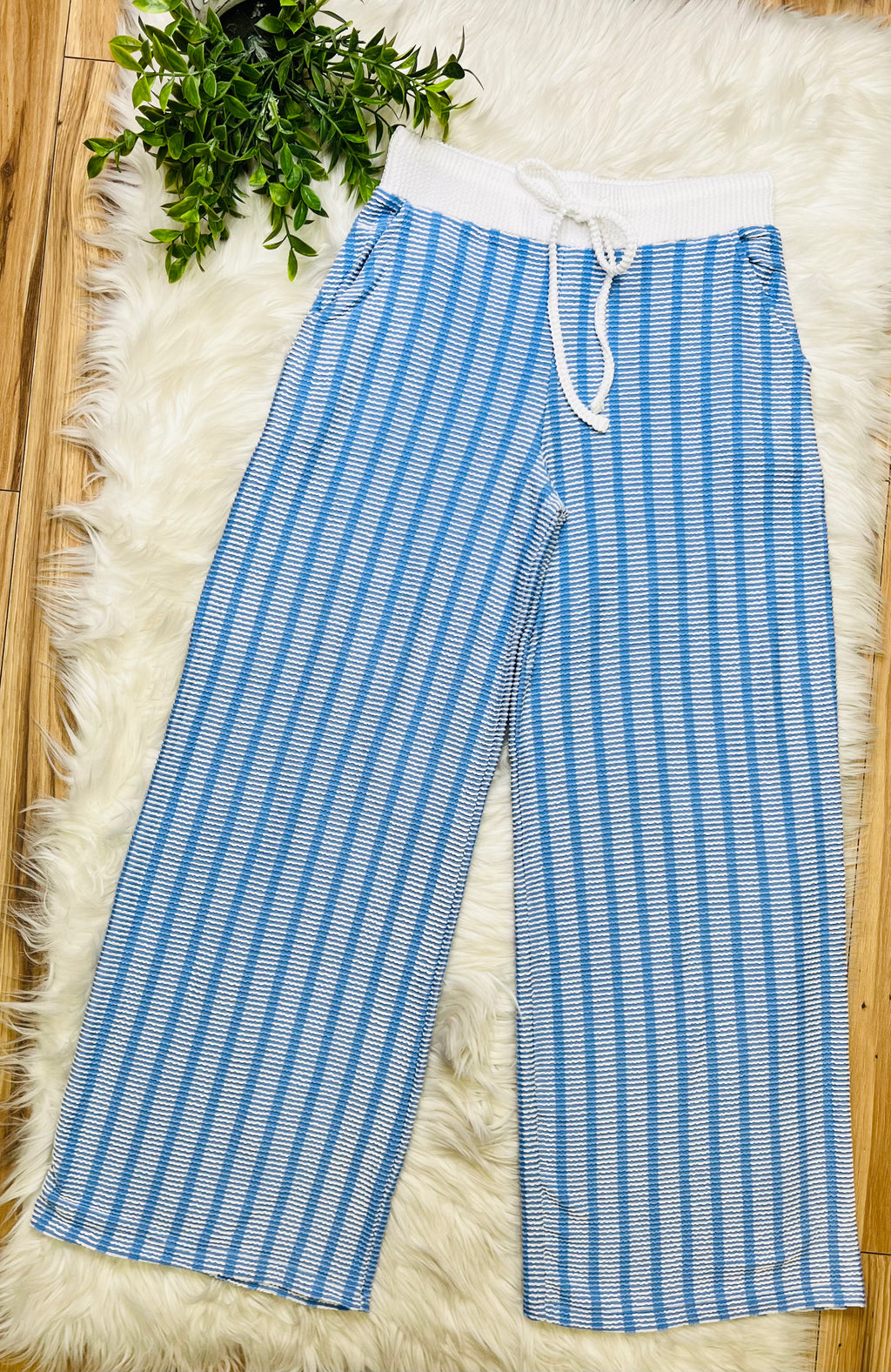 Women’s Zenana Cornflower Blue Striped Ribbed Pant Set