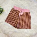 Women’s Brown Checkered Short Set with Light Pink Trim