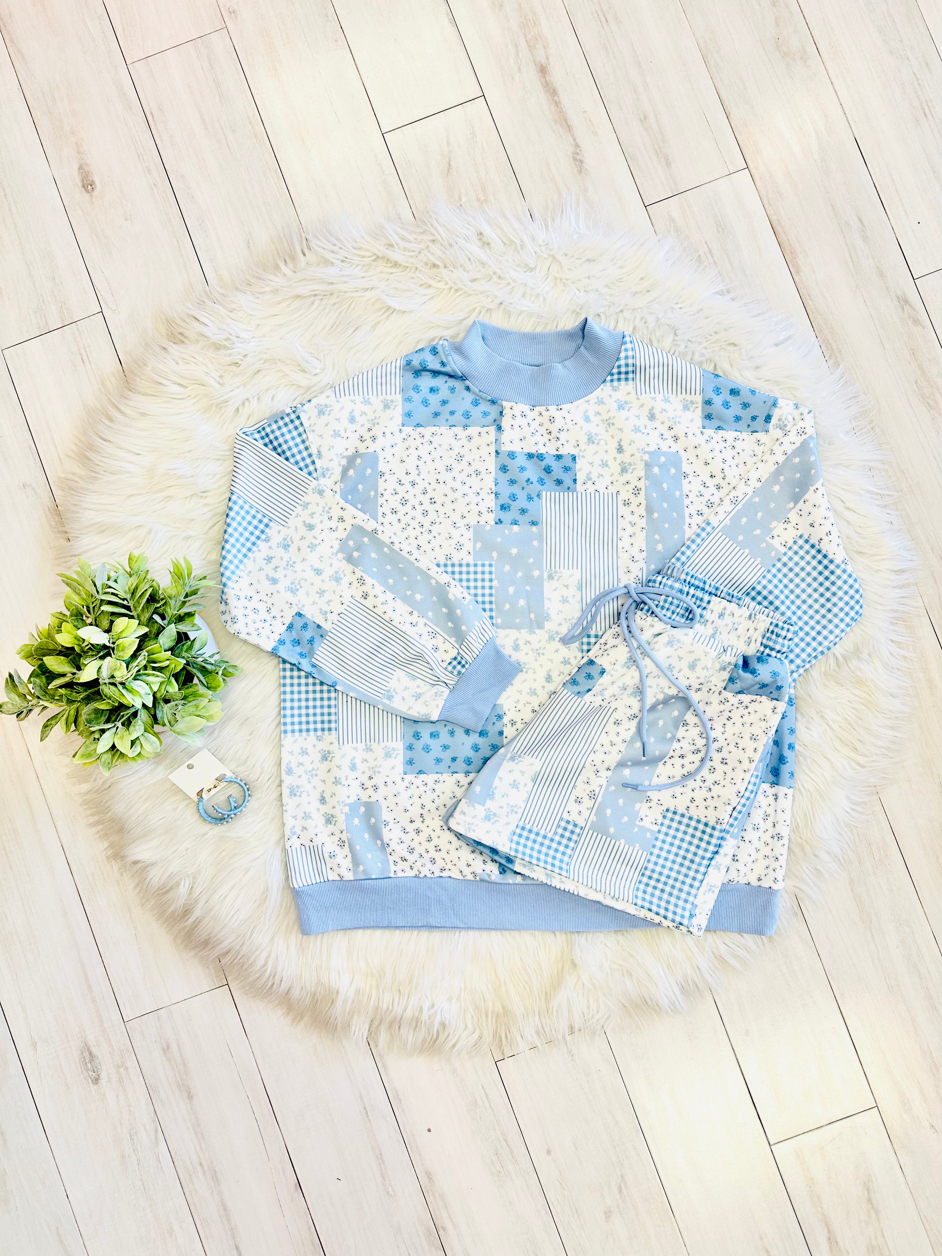 Women’s Blue Mixed Patchwork Short Set