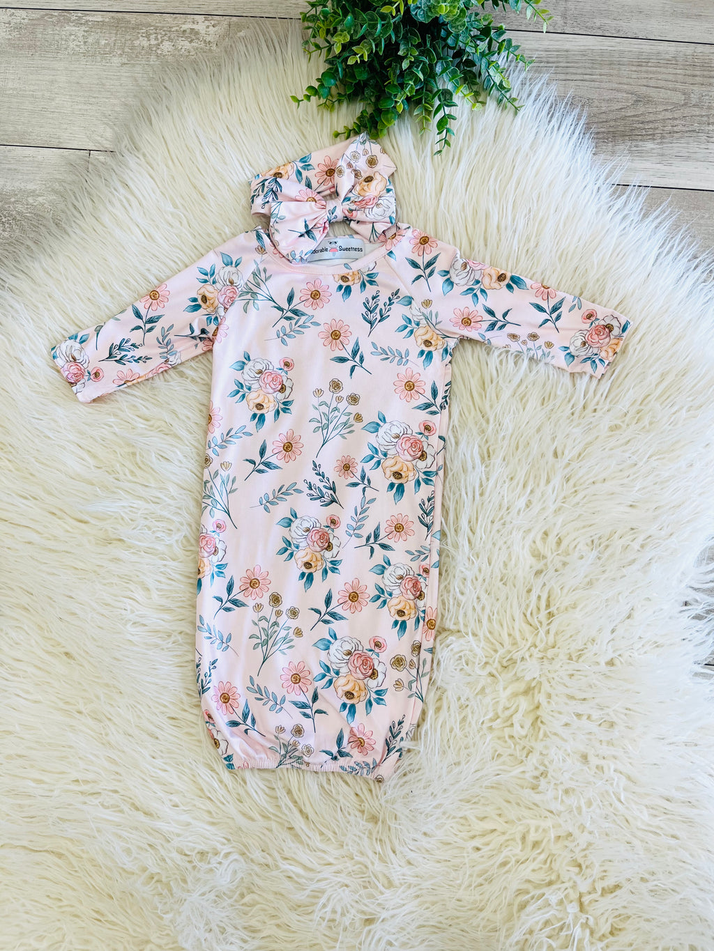 Girl’s Pink Mixed Floral Baby Gown wit Matching Headband