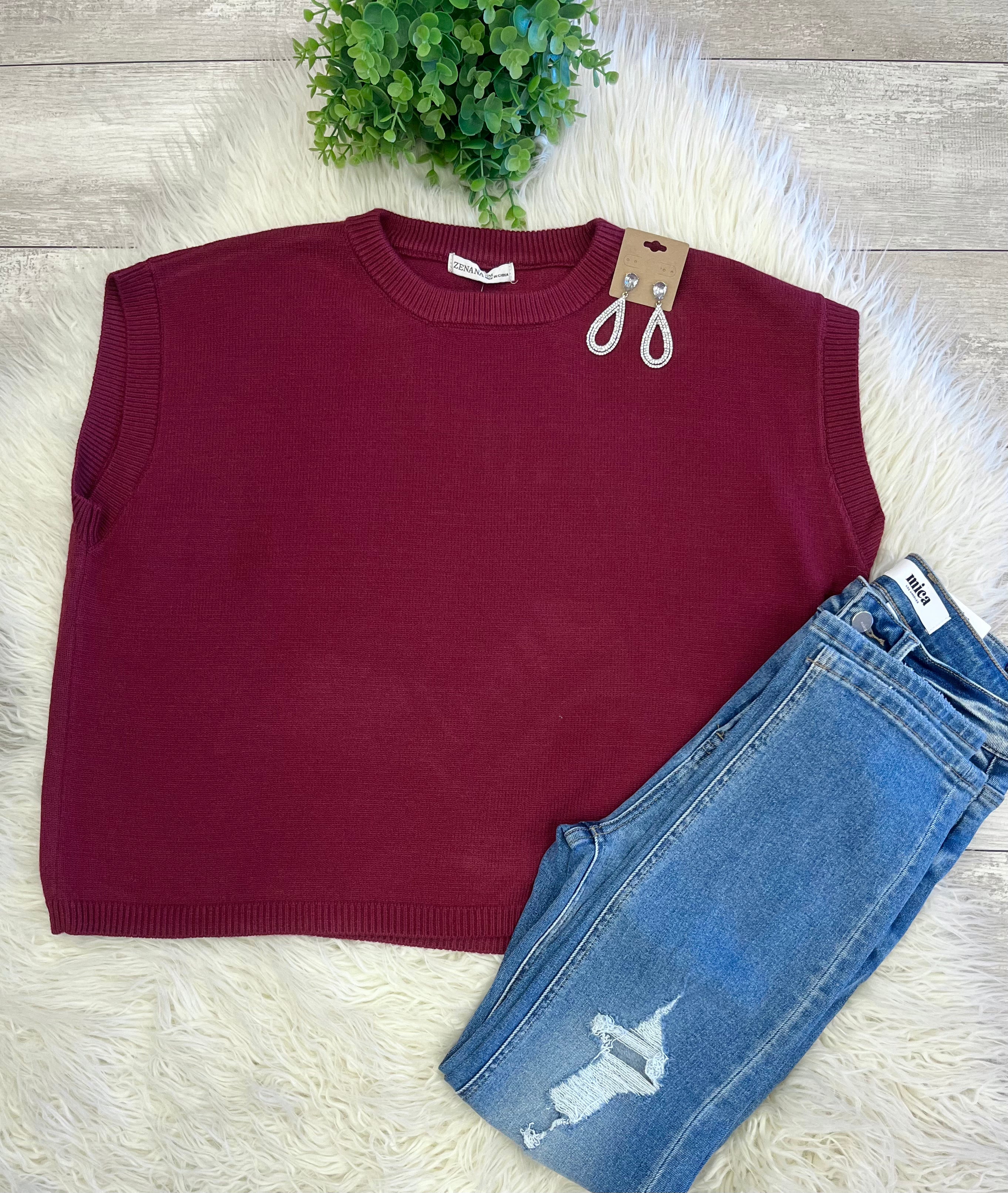 Women’s Zenana Sleeveless Sweater In Burgundy - Oversized Fit