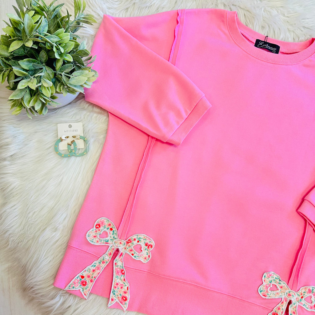 Women’s Evermmee Pink Oversized Top with Floral Bow Patches