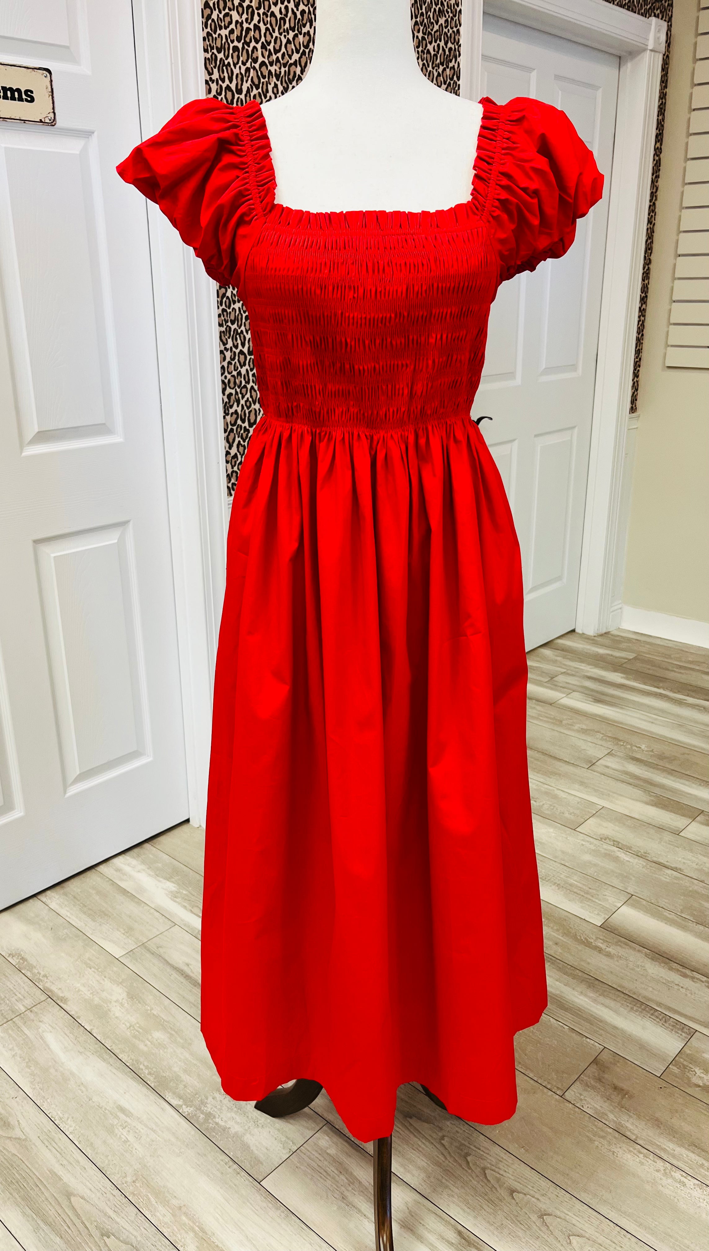 Women’s Red Smocked Square Neck Dress