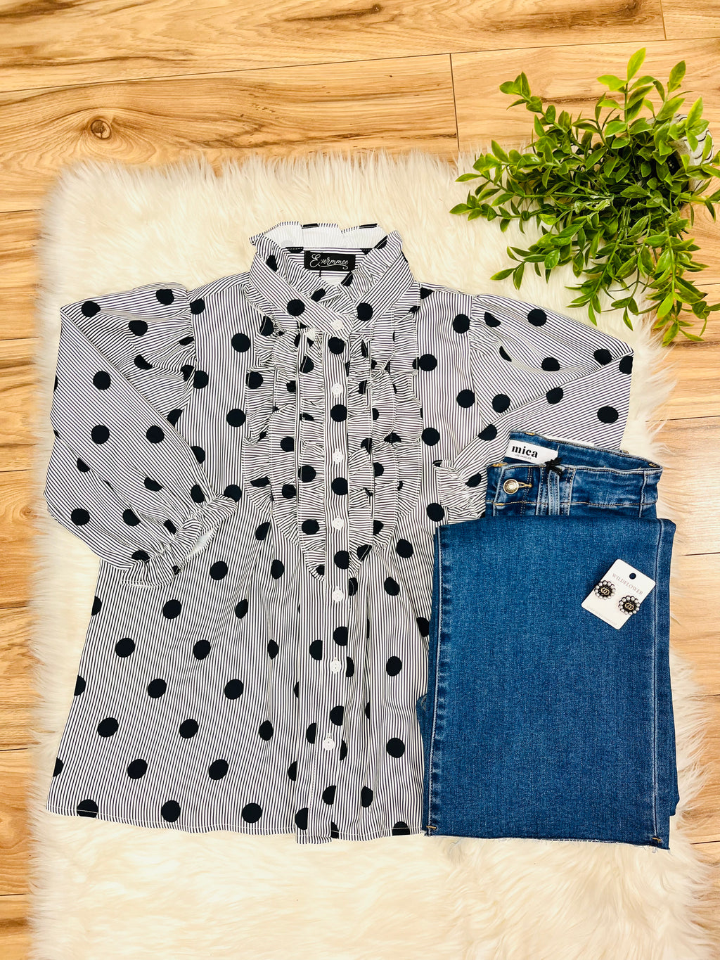 Women’s Evermmee White Ruffle Button Down Top with Black Stripes and Polka Dots- True to Size