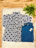Women’s Evermmee White Ruffle Button Down Top with Black Stripes and Polka Dots- True to Size