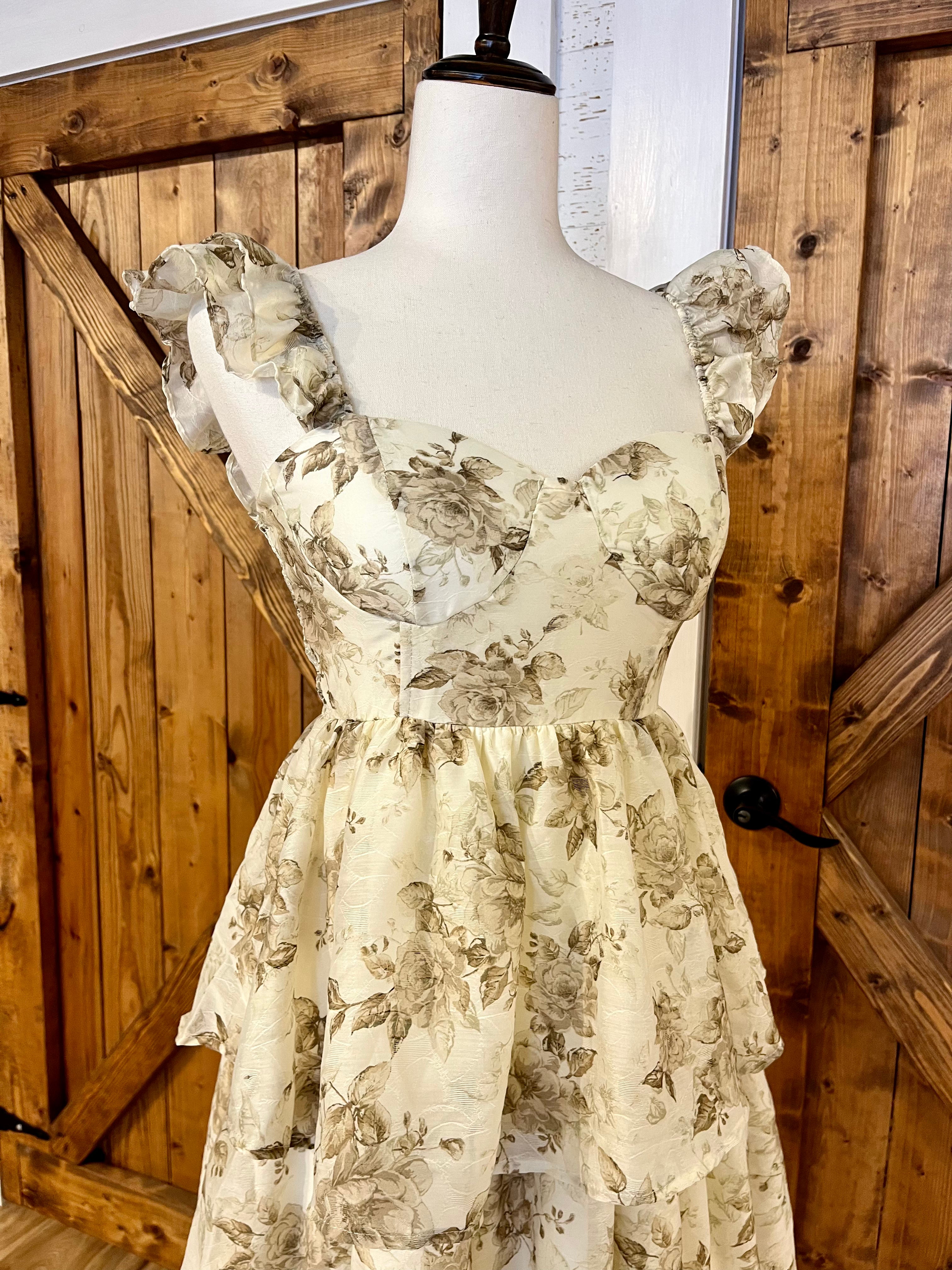 blu pepper dresses Rayon Ruffle Floral Smocked Dress in Light Brown/Cream | Size: Large Tie straps Blu Pepper (@shopblupepper) Instagram