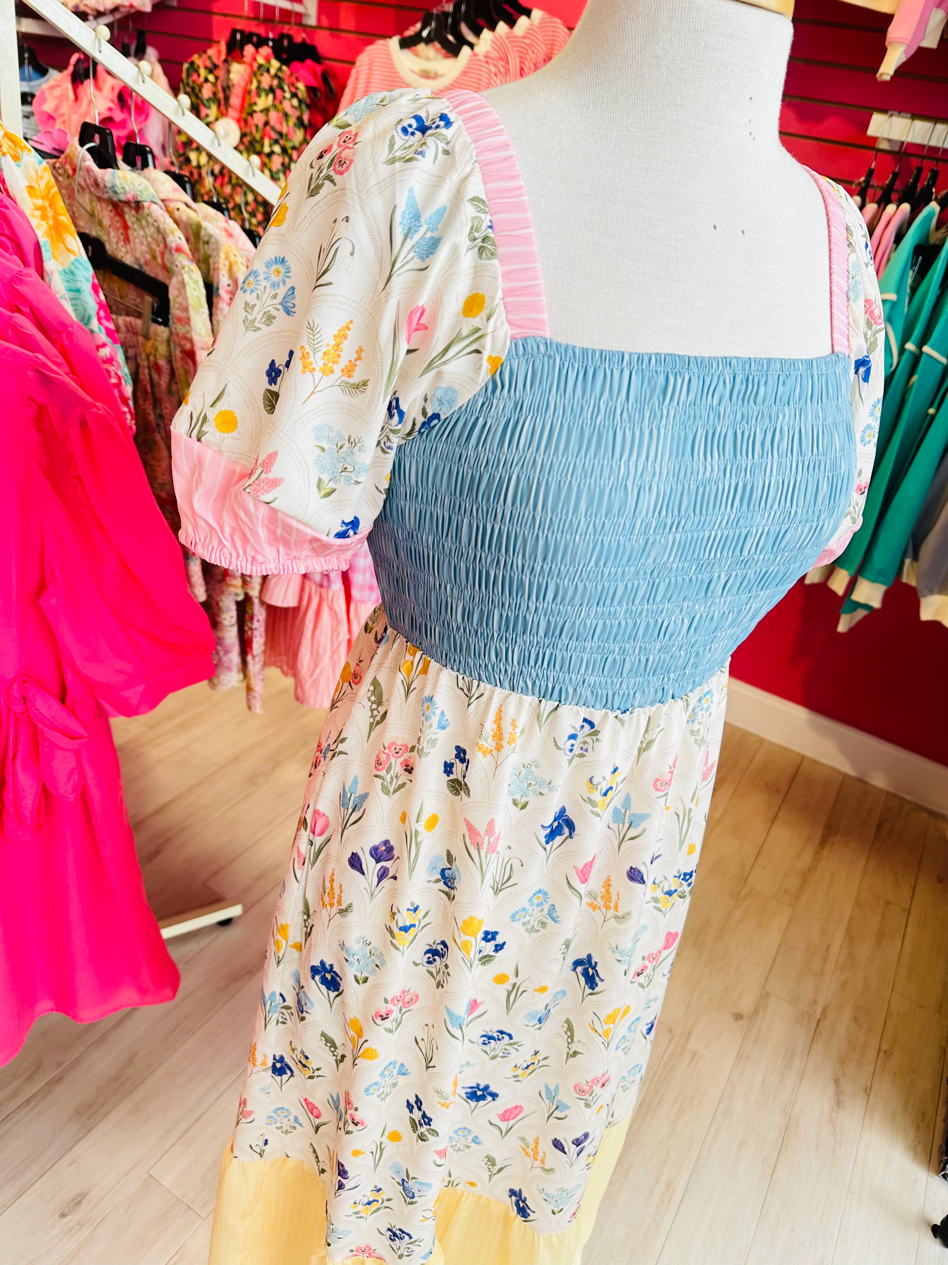 Women’s Pink and Yellow Smocked Floral Print Dress