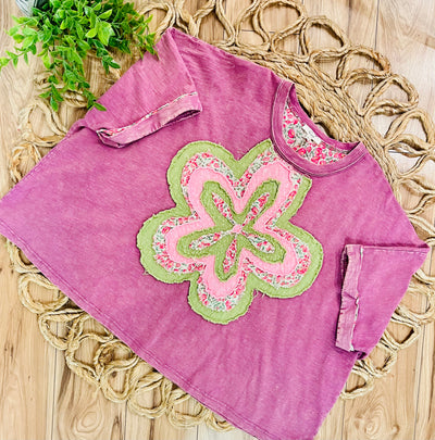 Easel Purple Top with Pink and Green Flower Patch - Mini Mee Boutique