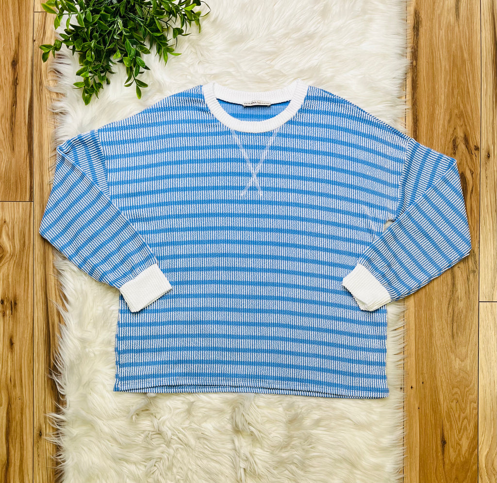 Women’s Zenana Cornflower Blue Striped Ribbed Pant Set