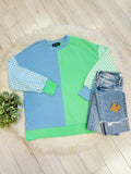 Women’s Evermmee Green & Blue Color Block Top with Gingham Print Sleeves- True to Size