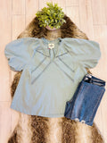 Women’s Umgee Mint Blue Puff Sleeve Top with Lace Detail- Loose Fit