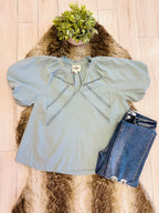 Women’s Umgee Mint Blue Puff Sleeve Top with Lace Detail- Loose Fit