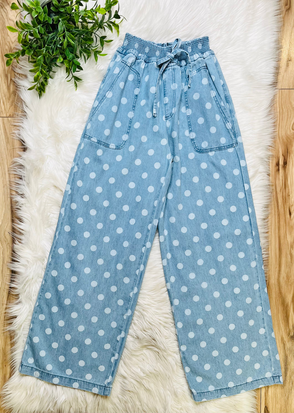 Women’s Relaxed Wide Leg Soft Polka Dot Chambray Denim Drawstring Pants