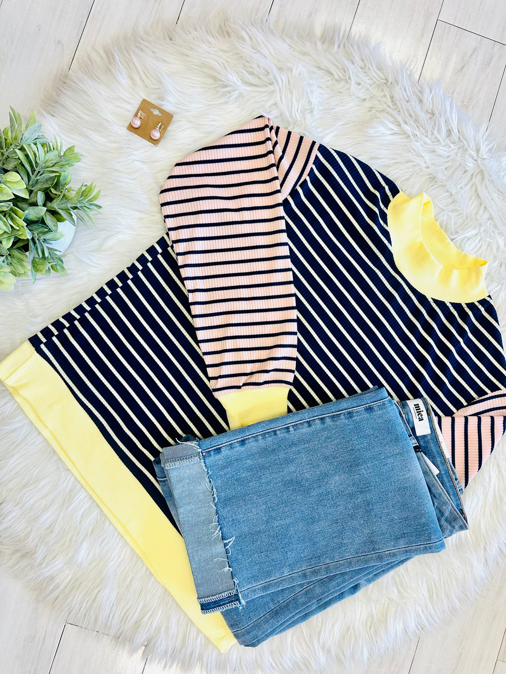 Women’s Navy Stripe Top with Yellow Trim and Peachy Pink Sleeves