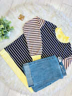 Women’s Navy Stripe Top with Yellow Trim and Peachy Pink Sleeves