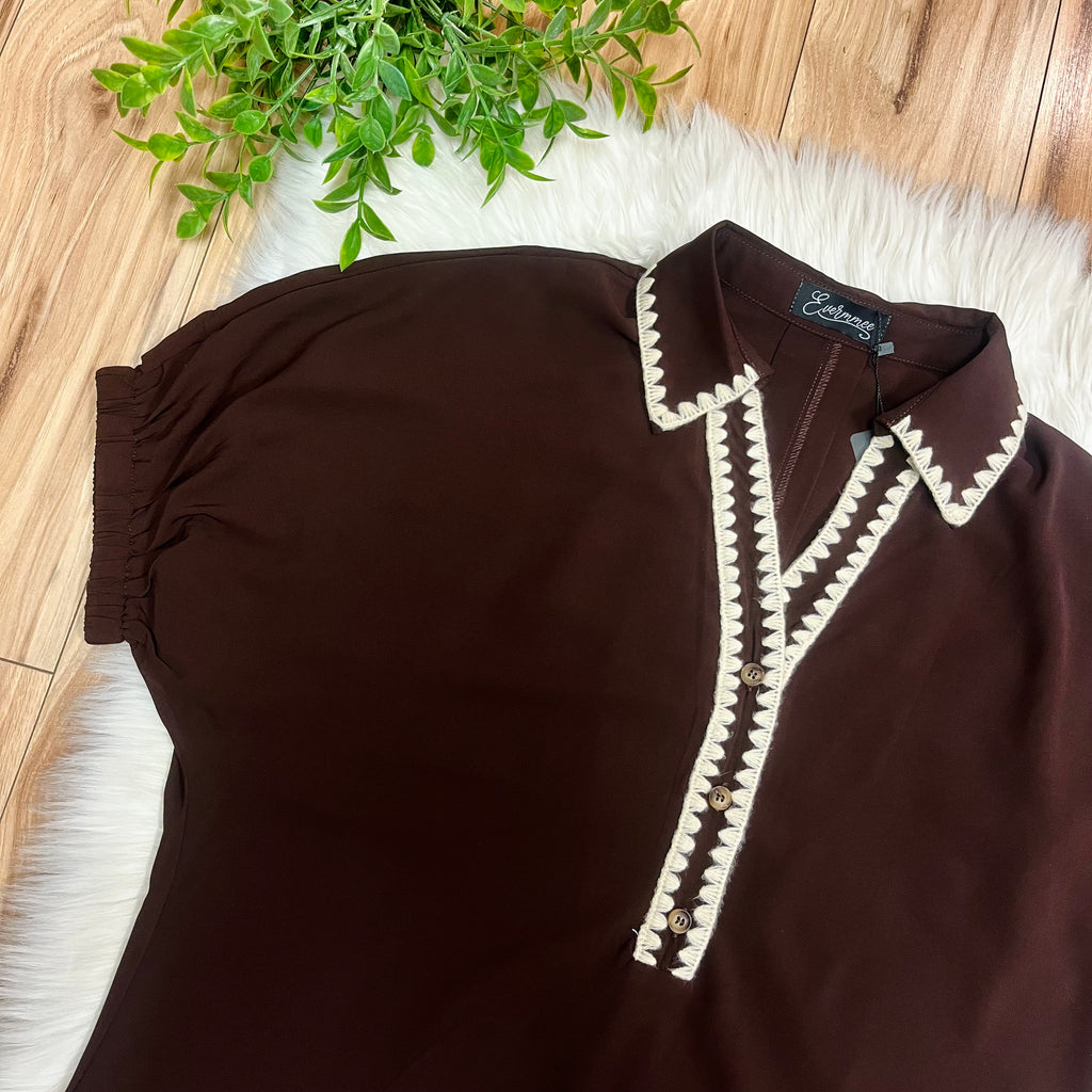 Women’s Evermmee Dark Brown Collared Top with Cream Stitching