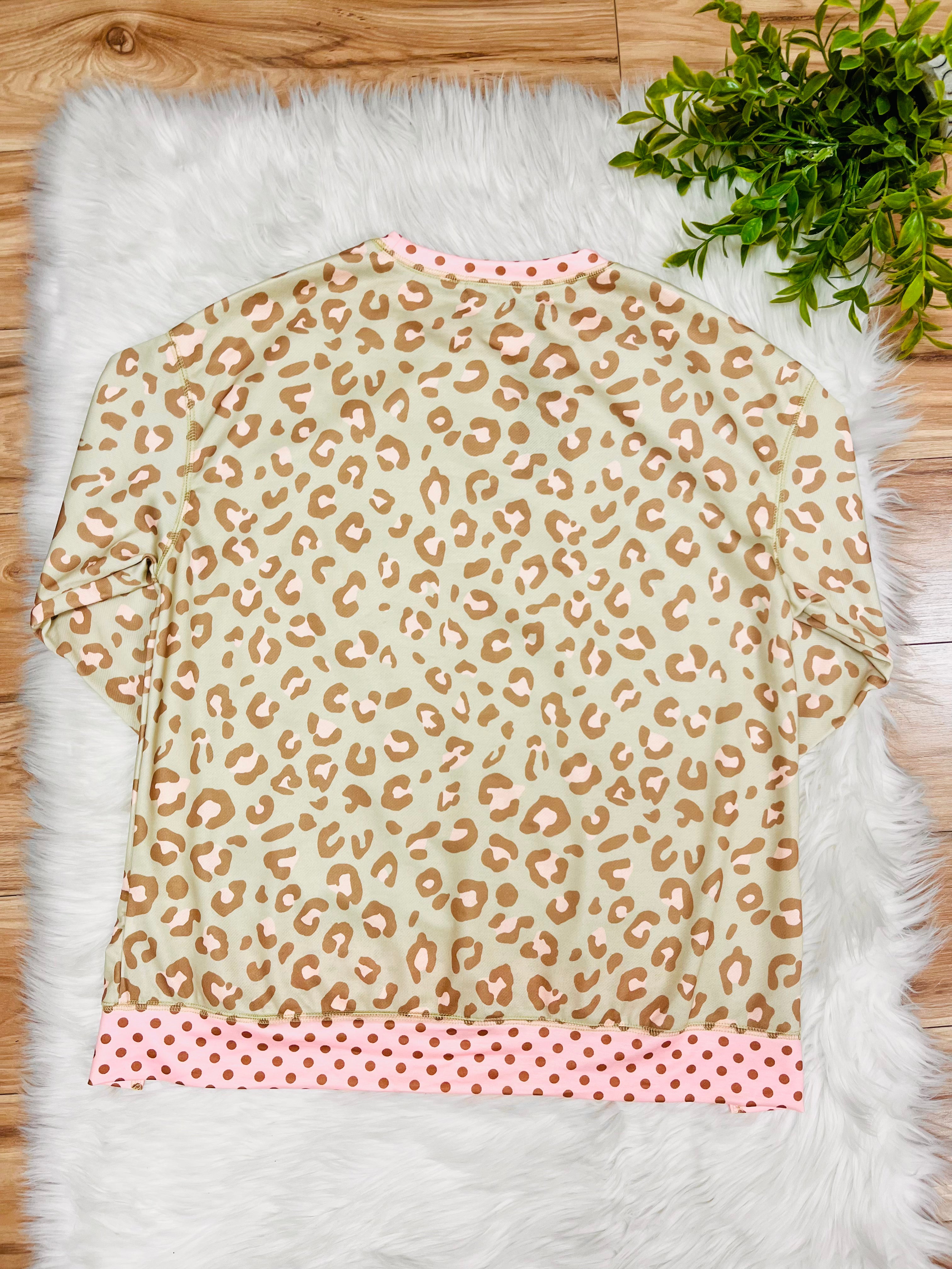 Women’s Evermmee Light Pink & Green Leopard Print Top with Polka Dot Trim- True to Size