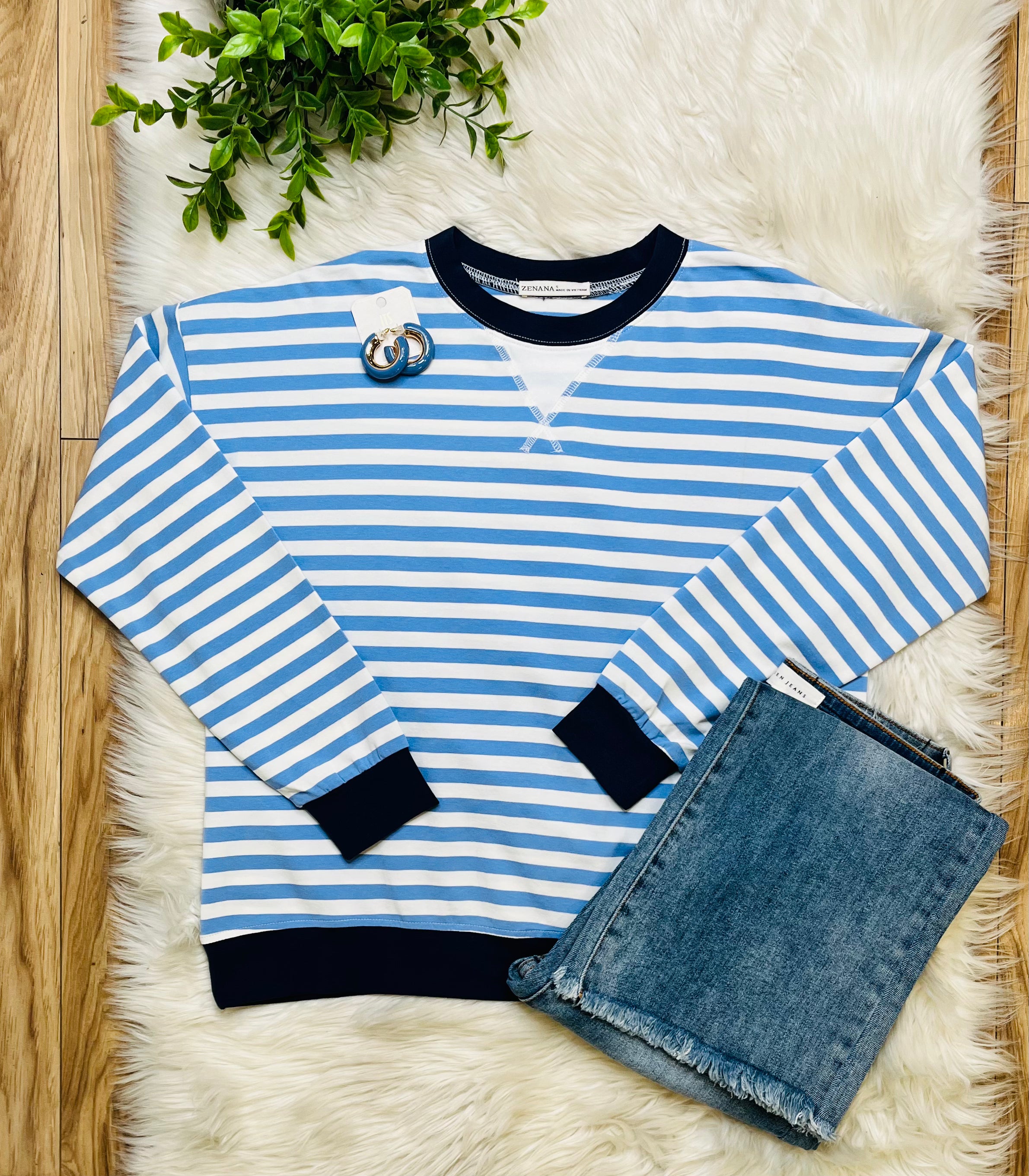 Women’s Cornflower Blue and Navy Stripe Top- Loose Fit