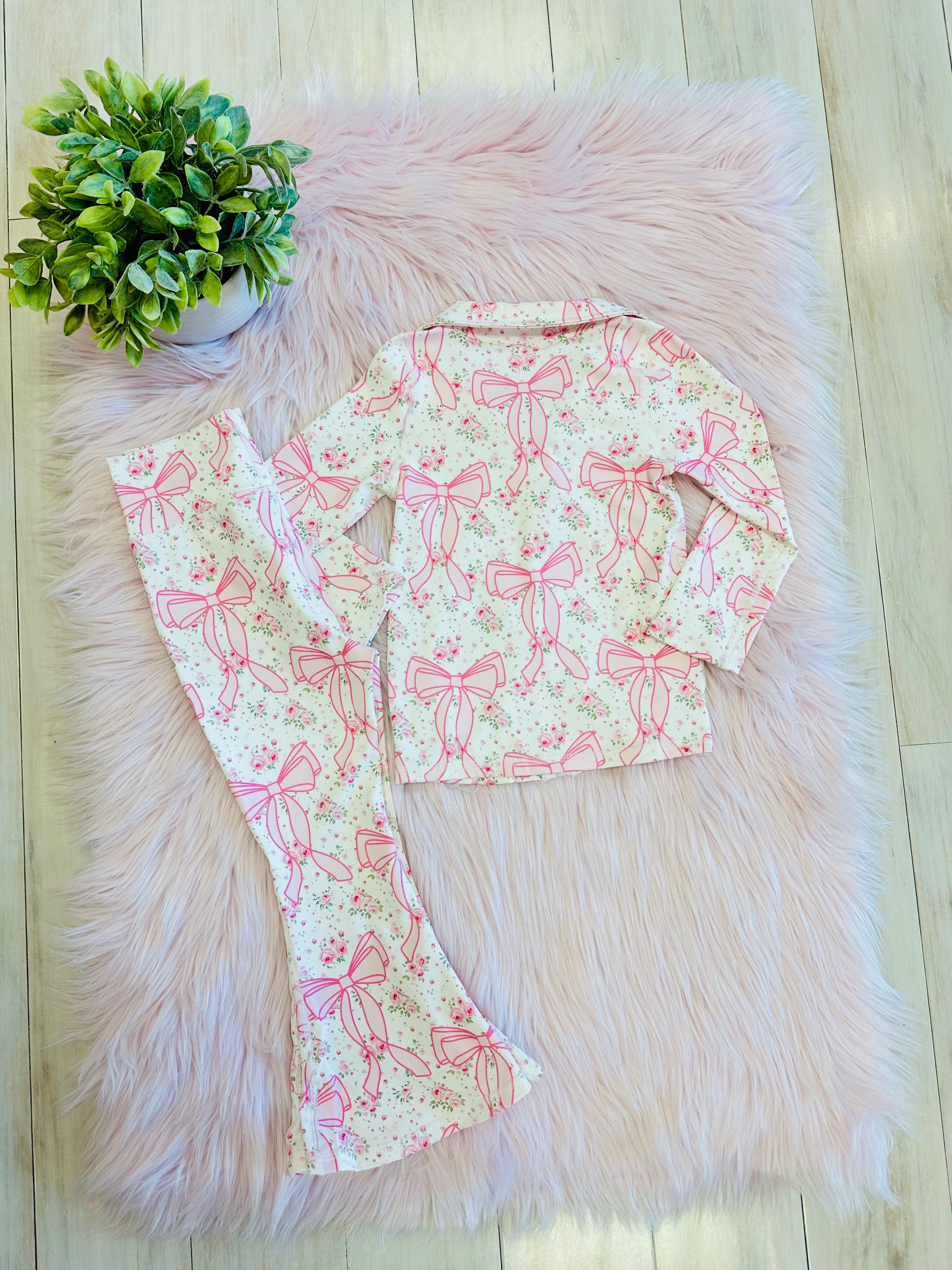 Girl’s Pink Bow Zip up Jacket and Flare Pant Set