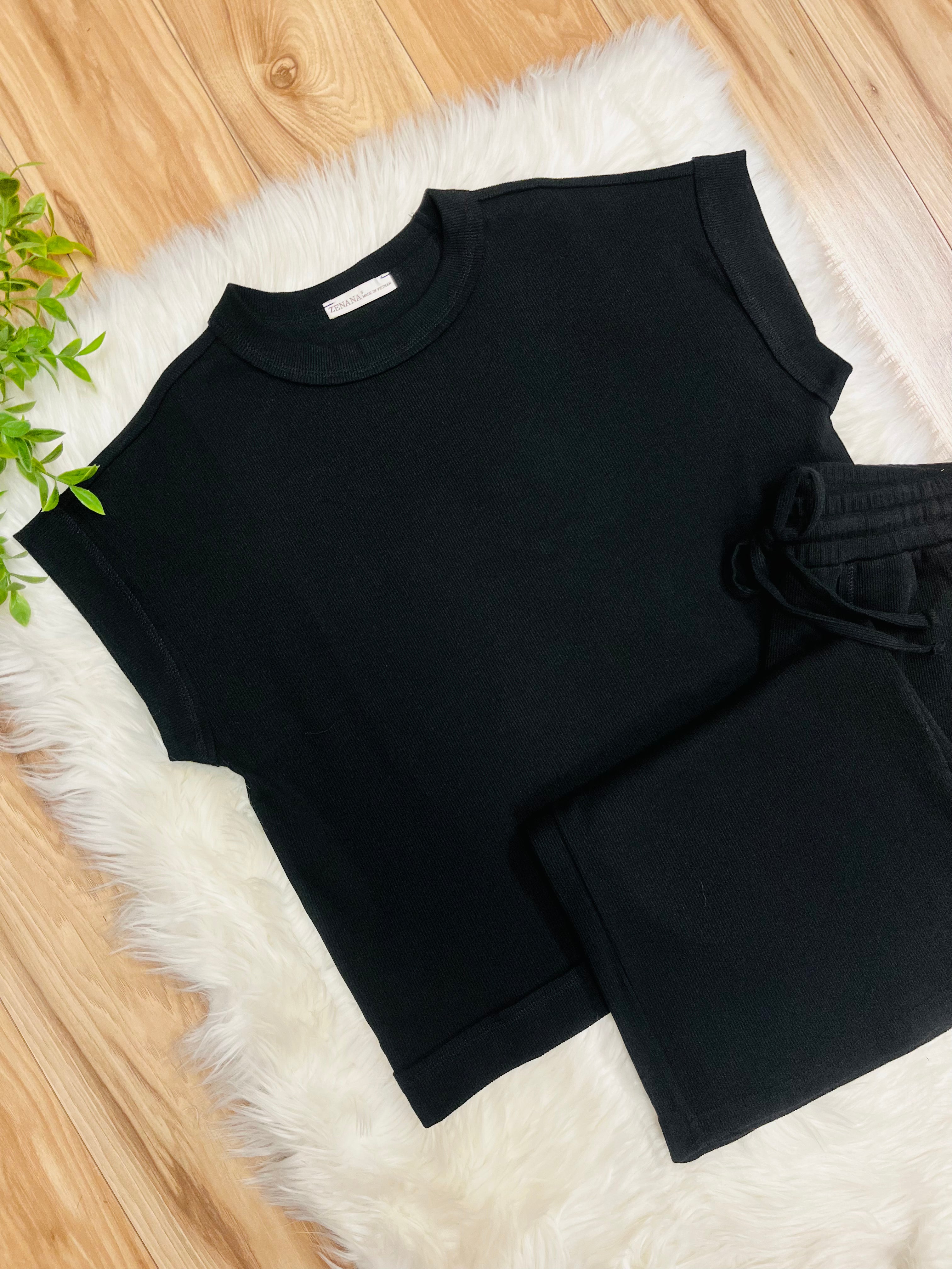 Women’s Zenana Black Ribbed Cuff Sleeve Pant Set